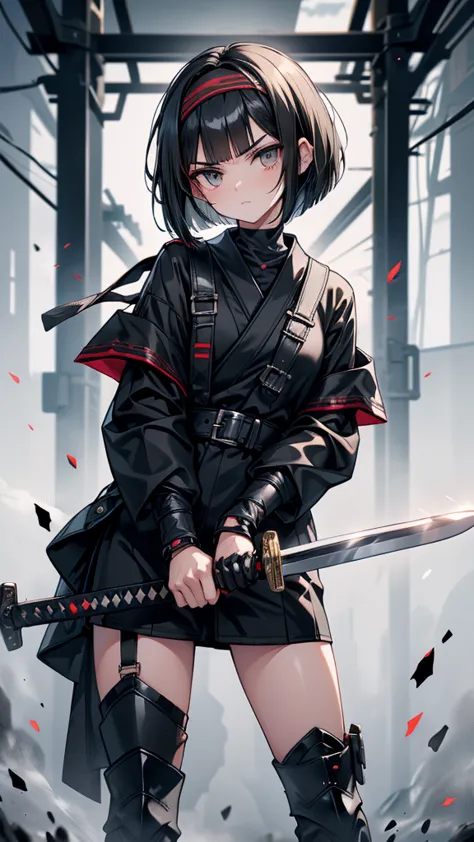 mature　bobcut　black hair　narrow eyes　glaring at me　glare　frivolous attitude　black sailor suit　armor　put a headband around your f...