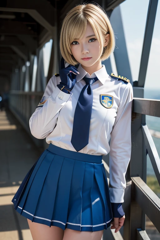 15-year-old girl、Earth Federation Operator Girl Soldier、((Shiny skin 1.5)),((Sweaty 1.3)),((Blonde Short Hair))、Cute like an idol、Childish face and appearance、Accurately drawn face and skirt of Earth Federation uniform))、White and blue uniform、(A uniform that fits your body:1.3)、very 薄い thighs、Inside the bridge of a battleship、Low angle shot、Anatomically correct、Accurate Fingers、Accurate Rimbuster Piece、Photorealization