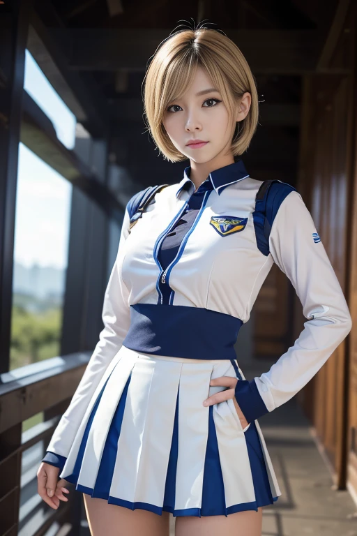 15-year-old girl、Earth Federation Operator Girl Soldier、((Shiny skin 1.5)),((Sweaty 1.3)),((Blonde Short Hair))、Cute like an idol、Childish face and appearance、Accurately drawn face and skirt of Earth Federation uniform))、White and blue uniform、(A uniform that fits your body:1.3)、very 薄い thighs、Inside the bridge of a battleship、Low angle shot、Anatomically correct、Accurate Fingers、Accurate Rimbuster Piece、Photorealization