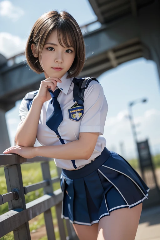 15-year-old girl、Earth Federation Operator Girl Soldier、((Shiny skin 1.5)),((Sweaty 1.3)),((Blonde Short Hair))、Cute like an idol、Childish face and appearance、Accurately drawn face and skirt of Earth Federation uniform))、White and blue uniform、(A uniform that fits your body:1.3)、very 薄い thighs、Inside the bridge of a battleship、Low angle shot、Anatomically correct、Accurate Fingers、Accurate Rimbuster Piece、Photorealization