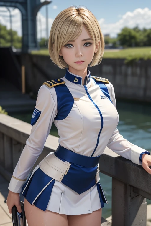 15-year-old girl、Earth Federation Operator Girl Soldier、((Shiny skin 1.5)),((Sweaty 1.3)),((Blonde Short Hair))、Cute like an idol、Childish face and appearance、Accurately drawn face and skirt of Earth Federation uniform))、White and blue uniform、(A uniform that fits your body:1.3)、very 薄い thighs、Inside the bridge of a battleship、Low angle shot、Anatomically correct、Accurate Fingers、Accurate Rimbuster Piece、Photorealization