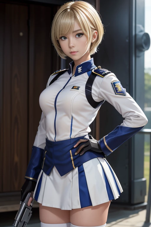 15-year-old girl、Earth Federation Operator Girl Soldier、((Shiny skin 1.5)),((Sweaty 1.3)),((Blonde Short Hair))、Cute like an idol、Childish face and appearance、Accurately drawn face and skirt of Earth Federation uniform))、White and blue uniform、(A uniform that fits your body:1.3)、very 薄い thighs、Inside the bridge of a battleship、Low angle shot、Anatomically correct、Accurate Fingers、Accurate Rimbuster Piece、Photorealization