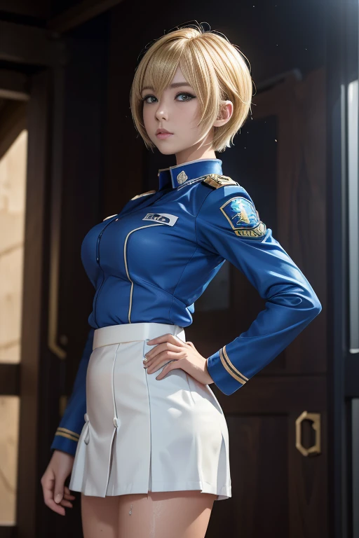 15-year-old girl、Earth Federation Operator Girl Soldier、((Shiny skin 1.5)),((Sweaty 1.3)),((Blonde Short Hair))、Cute like an idol、Childish face and appearance、Accurately drawn face and skirt of Earth Federation uniform))、White and blue uniform、(A uniform that fits your body:1.3)、very 薄い thighs、Inside the bridge of a battleship、Low angle shot、Anatomically correct、Accurate Fingers、Accurate Rimbuster Piece、Photorealization