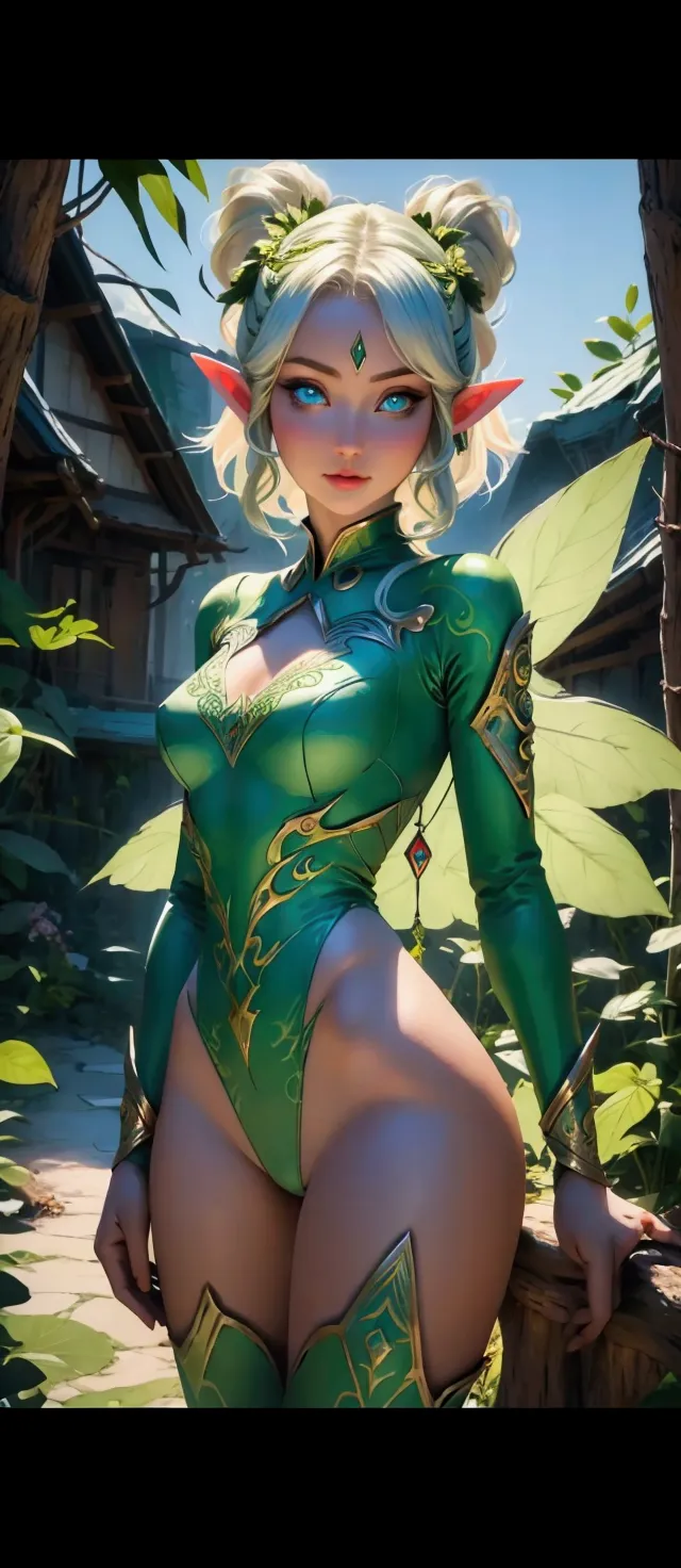 beautiful elven girl in green bodysuit