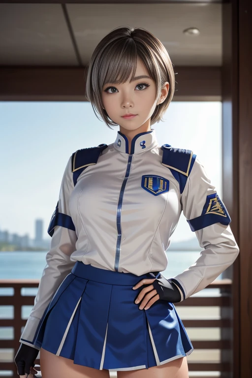 15-year-old girl、Earth Federation Operator Girl Soldier、((Shiny skin 1.5)),((Sweaty 1.3)),((Silver short hair 1.6))、Cute like an idol、Childish face and appearance、Accurately drawn face and skirt of Earth Federation uniform))、White and blue uniform、(A uniform that fits your body:1.3)、very 薄い thighs、Inside the bridge of a battleship、Low angle shot、Anatomically correct、Accurate Fingers、Accurate Rimbuster Piece、Photorealization