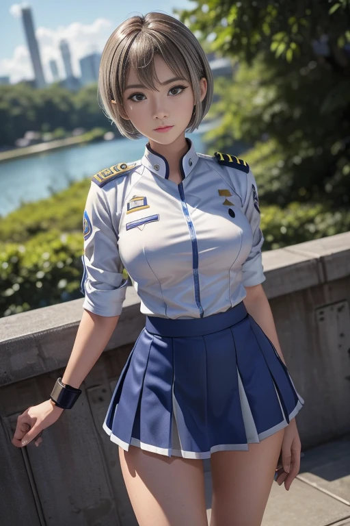 15-year-old girl、Earth Federation Operator Girl Soldier、((Shiny skin 1.5)),((Sweaty 1.3)),((Silver short hair 1.6))、Cute like an idol、Childish face and appearance、Accurately drawn face and skirt of Earth Federation uniform))、White and blue uniform、(A uniform that fits your body:1.3)、very 薄い thighs、Inside the bridge of a battleship、Low angle shot、Anatomically correct、Accurate Fingers、Accurate Rimbuster Piece、Photorealization