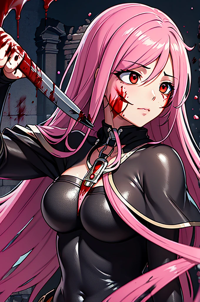 girl，Looking into the distance from the castle，alone，masterpiece，Highest quality，pink Hair，glowing red Eyes，Darkening，dark，Shadow Thing，douchebag，sneer，Looking down，Black Shadow，Black viscous liquid，dark，Black belly，stable，Face masks，cape，girl，masterpiece, Highest quality, Highest quality,wonderful,Beautiful red eyes,Exquisite detail,Depth of written boundary,Highly detailed CG synthesis 8k wallpaper, masterpiece,(((pink Hair))),leader,(dark mist),{Flowing Hair},{Thick skull},(Beautiful details of the ruins),{Character close-up},(((whole body))),(The skin is smooth and shiny),(Smooth face、Shiny Hair),Perfect detail,Beautifully decorated medal, Holding a knife, (Blood splatter:1.7)