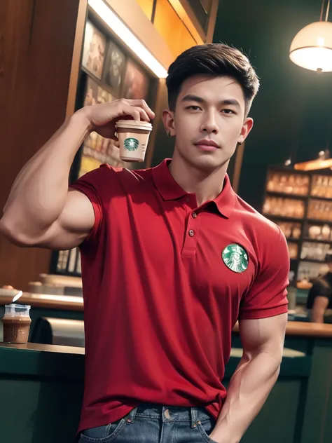 (armface:1.3) , handsome young man standing, (have a mustache:0.8) , (short hair:1.2), the forearms are muscular., (red polo shi...