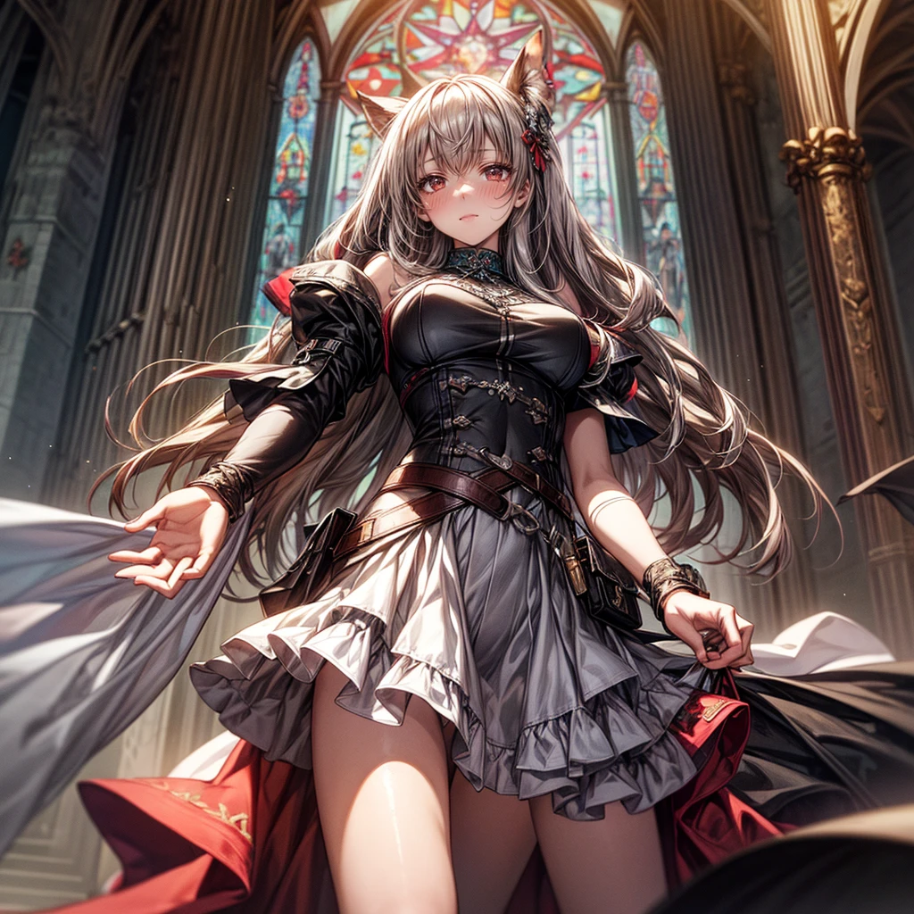 quality\(8k,Highly detailed CG unit wallpaper, masterpiece,High resolution,top-quality, real texture skin,Surreal,Increase the resolution,RAW Photos,最高quality,Very detailed,From below,Cool Beauty,Glamour Women, Cute pose,Gothic_dress,Red Embroidery,Silver_Shiny long hair, Queen, world, Crystal Flower,Sparkling stained glass like a kaleidoscope,Majestic cathedral,Layered skirt with details, Detailed embroidery, Very layered ruffles, Detailed Texture,A geometric magic circle above your head,装飾されたSilverの聖杖,