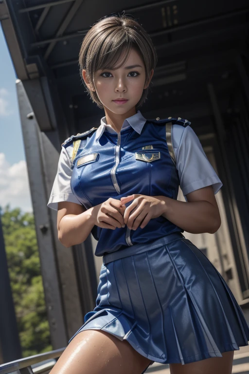 15-year-old girl、Earth Federation Operator Girl Soldier、((Shiny skin 1.5)),((Sweaty 1.3)),((Silver short hair 1.6))、Cute like an idol、Childish face and appearance、Accurately drawn face and skirt of Earth Federation uniform))、White and blue uniform、(A uniform that fits your body:1.3)、very 薄い thighs、Inside the bridge of a battleship、Low angle shot、Anatomically correct、Accurate Fingers、Accurate Rimbuster Piece、Photorealization