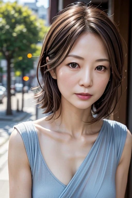 Highest quality, Realistic, Perfect Human Anatomy, Very detailed, Very delicate and beautiful, RAW Photos, Professional Lighting, illumination, Written boundary depth, Single Focus, whole body, Skinny Japanese woman, 45-year-old woman, Brown Hair, Small Head, Beautiful Eyes, True Face, Realistic skin, fine grain, (Fashionable hairstyles: 1.3),Bust Emphasis、Sexy blue dress、（Outdoor:1.5）
