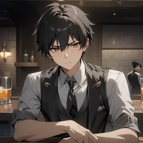 rover from wuthering waves, 1boy, stylish pose, drinking from glass, black hair, flat hair, kirito hair, gold eyes, handsome fac...