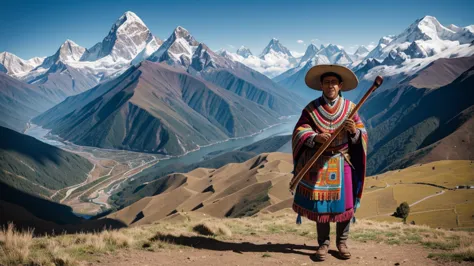 a traditional andean folk musician standing in a mountainous landscape of the andes. the musician is wearing a colorful, pattern...