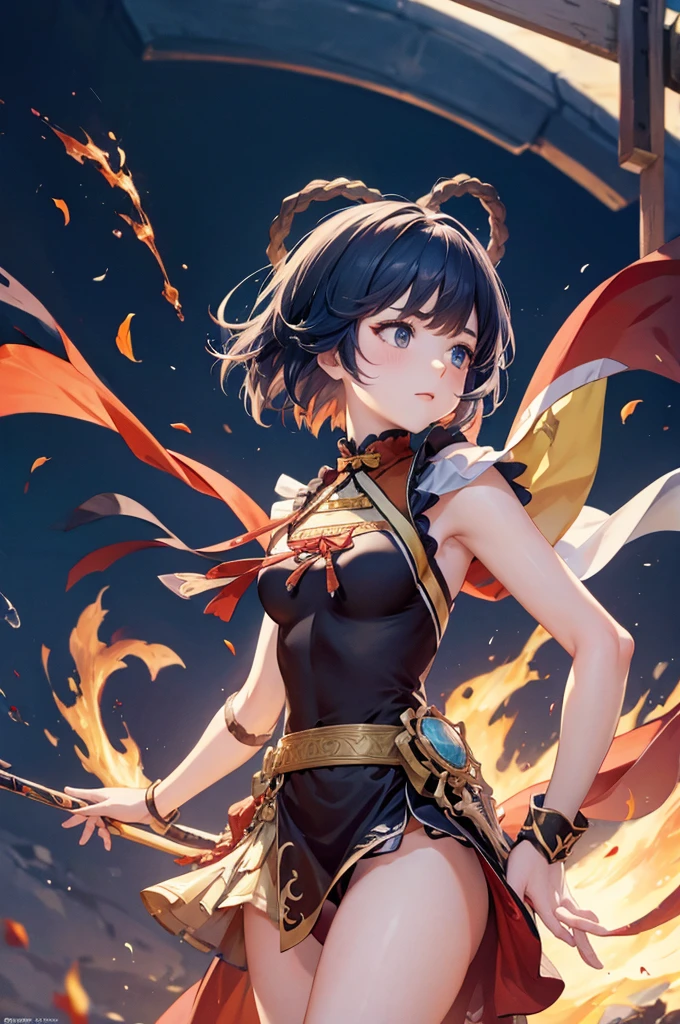 xiangling from Genshin Impact, short hair, low-angle shot, long skirt, holding down her skirt as it is being blown by a strong wind, the wind reveals her white cotton panties, high quality, masterpiece, ultra-fine illustrations, detailed background, realistic lighting, dynamic pose