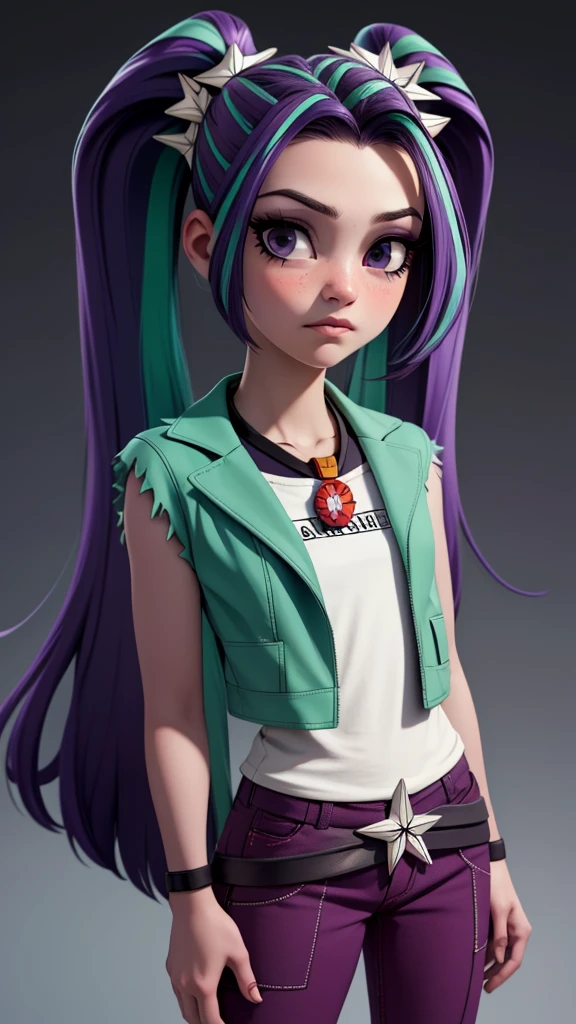 Young unamused white girl with twintails, purple eyes and large eyelashes(masterpiece:1.1),(highest quality:1.1),(HDR:1),hair ornament, green jacket, purple pants, belt, jewelry, necklace,ambient light,ultra-high quality,( ultra detailed original llustration),(nature background),, (1girl, upper body),double exposure,glitch,(original illustration composition),(fusion of limited color, maximalism artstyle, geometric artstyle, junk art),