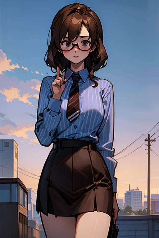 high quality, masterpiece, Detailed Image, Young woman, Kiriyu Moeka, brown office skirt,sky blue shirt, Breasts size 6,skirt with vertical stripes, Glasses, cute face, красивая Young woman, Kiriyu Moeka стоит в офисе, thin tights, Young woman одета, light brown hair, striped office skirt, Young woman встала на колени