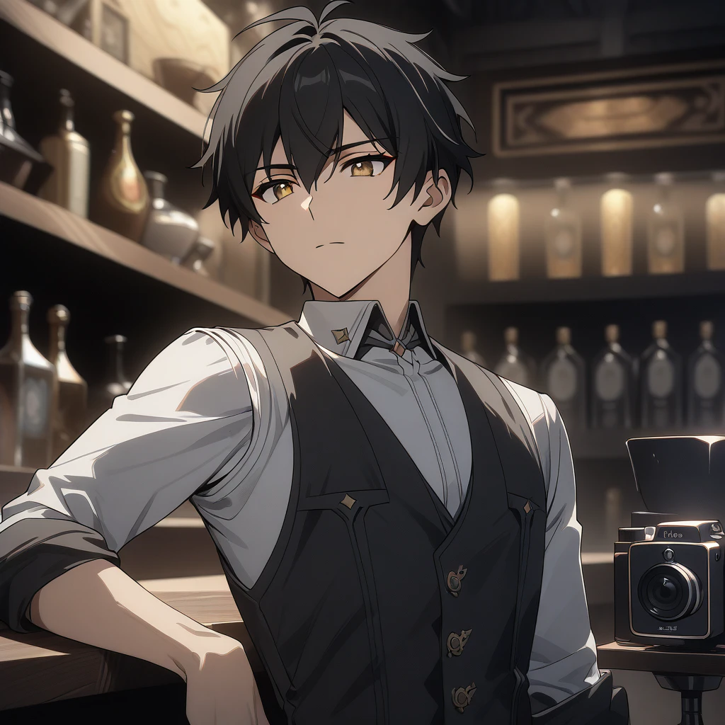 rover from wuthering waves, 1boy, stylish pose, drinking from glass, black hair, flat hair, kirito hair, gold eyes, handsome face, black waistcoat, waistcoat, folded sleeves, bar background, upper body, decorative, masterpiece, high quality, hd, 4k, upper body, camera behind back, genshin artstyle