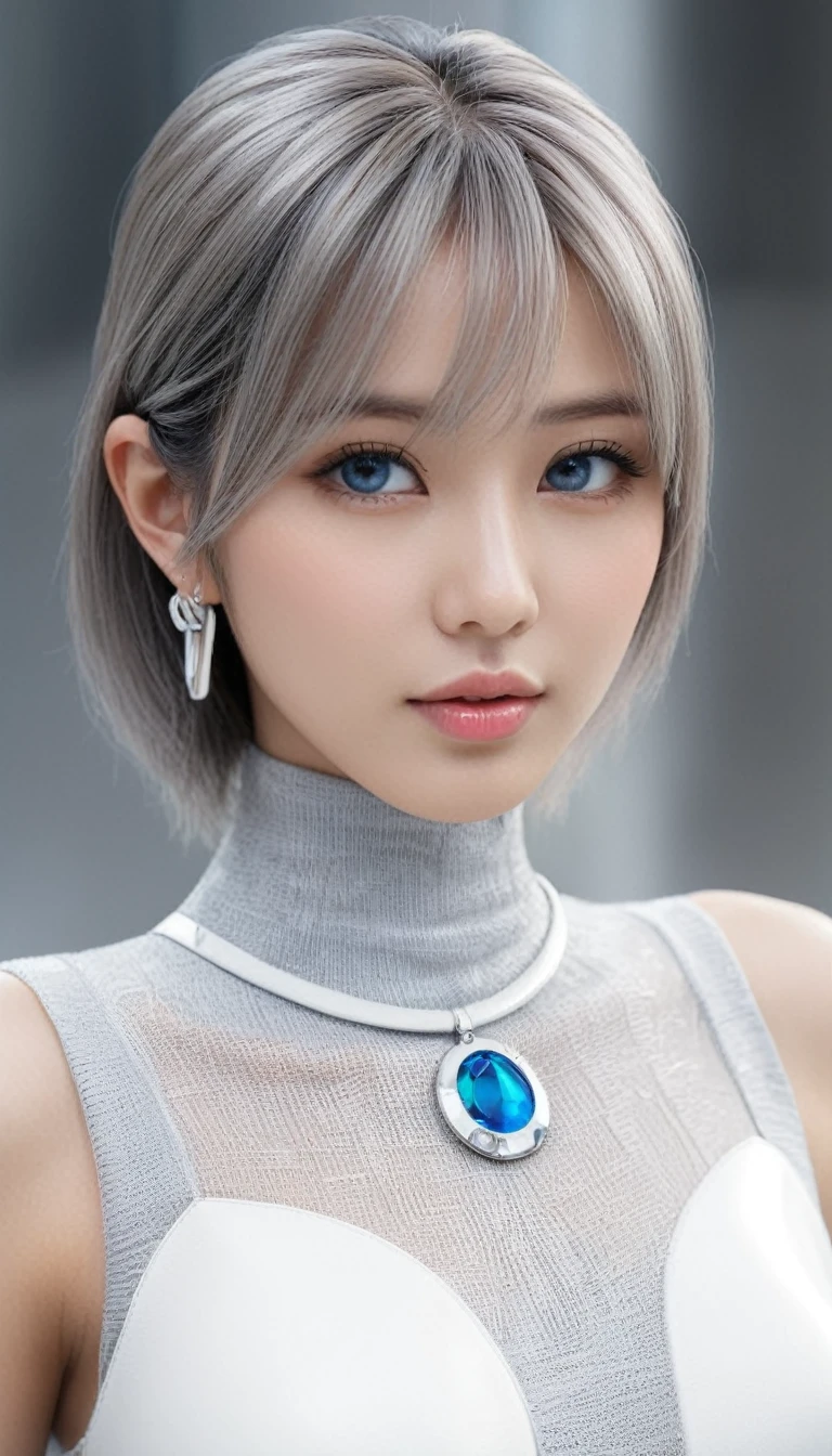 (masterpiece, Best Quality, hyper Detailed, hyper Realistic:1.4), BREAK beautiful Pretty and cute woman, Japanese ig model, glamorous body, render of april, (all body shot, standing:1.2), BREAK (Detailed wear, all body wear:1.2), (sleeveless futuristic high-neck knit one-piece dress:1.4), (emphasis on body contour:1.2), (white theme:1.4), (silver metallic thread embellishments:1.3), (silver statement necklace:1.3), (silver cuff bracelets:1.3), (silver hoop earrings:1.3), (silver anklet:1.3), (white futuristic sunglasses with silver frames:1.3), (white leather gloves:1.3), (skirt hem held by hand:1.3), (high-tech thick-soled high-top sneakers:1.4), (white theme:1.2), (silver details:1.2), (futuristic latex sun visor:1.4), arranged gray hair, BREAK (Detailed medium breasts, Detailed bodyline, Detailed legs and calves), (ultra slim waist, firm medium breasts, medium buttocks, beautiful sexy legs:1.2), White and beautiful Silky skin, thin and short neck, small head, BREAK small head, Detailed face, cute and Pretty slim face, Duck mouth, perfect beautiful Tooth, blue eyes, half open eyes, shiny eyes, gray hair, looking other, (in a concrete, fog, mist, steem)