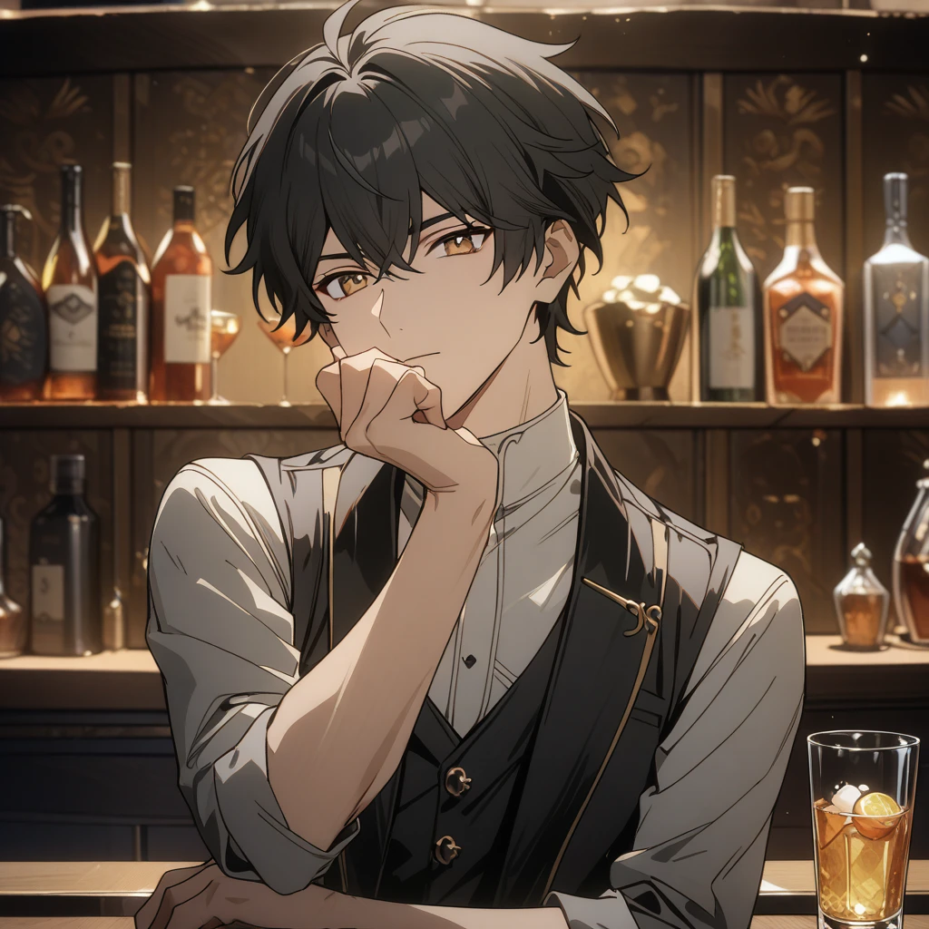 rover from wuthering waves, 1boy, stylish pose, drinking from glass, black hair, flat hair, souma shiki hair, gold eyes, handsome face, black waistcoat, waistcoat, folded sleeves, bar background, upper body, decorative, masterpiece, high quality, hd, 4k, upper body, genshin artstyle