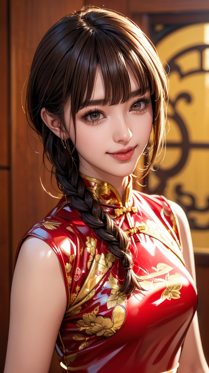 Realistic, masterpiece, Highest quality, Highest Resolution, Anatomically correct, Accurate Anatomy, 7 heads, Height: 165cm, One Japanese woman, A smiling face with some teeth showing, Staring at the audience, Fine and beautiful eyes, Sparkling eyes, Thin eyebrows, Gives lashes a delicate finish, False eyelashes, (Chinese traditional makeup:1.2), (Braided hair, Blunt bangs, Brown Hair:1.2), Detailed face, Sharp Eyes, (A latex cheongsam with a classic red base and gold patterns, Clothes that fit snugly to the body:1.3), Upper body photo, Background like ink painting