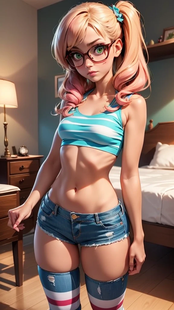 (masterpiece, best quality), 1girl, small breasts, small hips, green eyes, pink hair, crop top, denim shorts, bedroom, striped thighhighs, pervert, , glasses, 