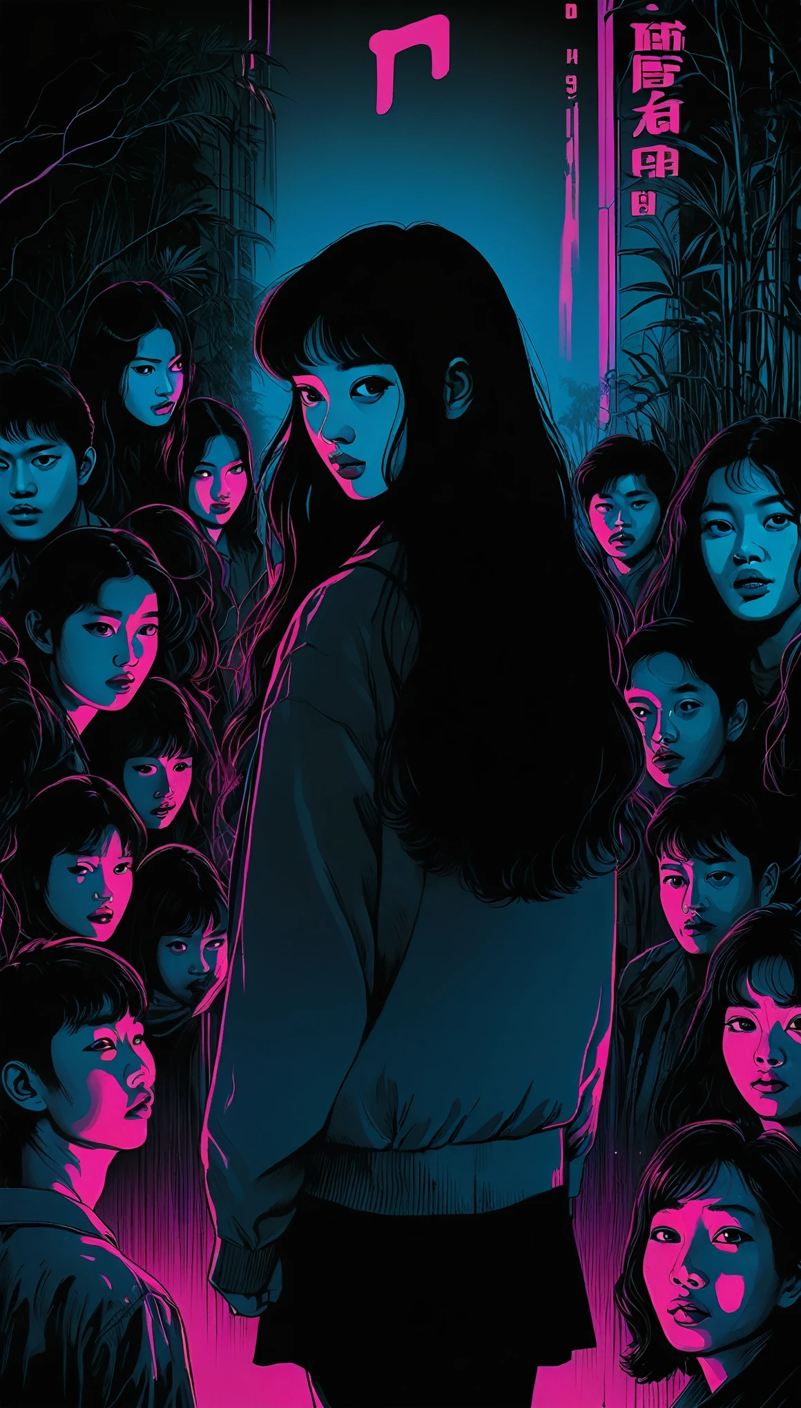 An illustration、art、80s Thai horror movie poster, Supervised by Junji Ito、(high school student:1.25)、night、Attention to detail, Realistic Shadows、Analog Style, chromatic aberration, Surrealism、Complementary Gradient