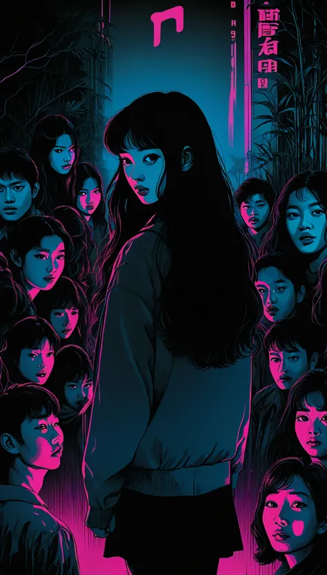 an illustration、art、80s thai horror movie poster, supervised by junji ito、(high school student:1.25)、night、attention to detail, ...