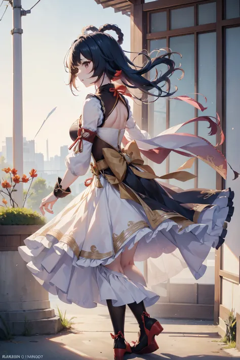 shenhe from genshin impact, low-angle shot, long skirt, holding down her skirt as it is being blown by a strong wind, the wind r...