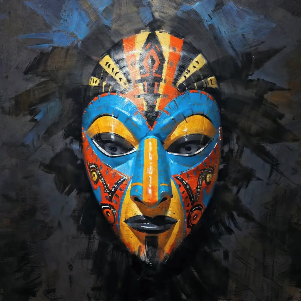 wall painting of african traditional,tribal mask,colourful aesthetic ,a close up of a mask tribal mask, african mask, tribal mas...