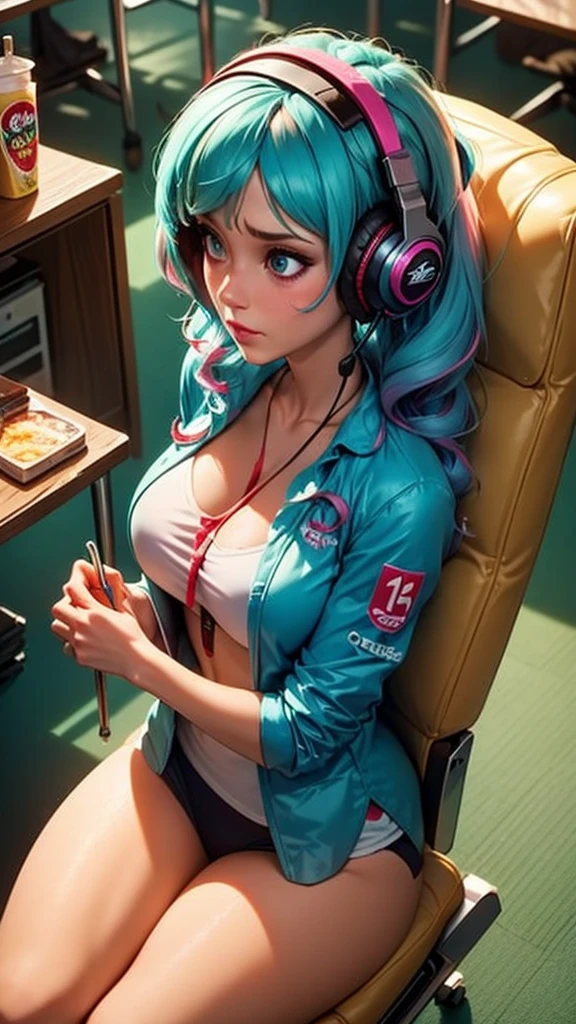 High detail CG，rich details，E-sports hotel，Instant noodles，cyber punk style，Esports girls，Wears cyberpunk-style headphones，Blue-pink hair，Sit in a gaming chair，The art of clocking in