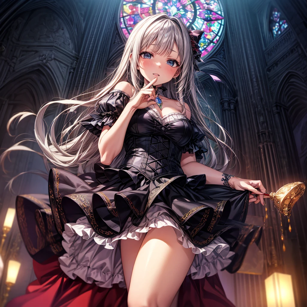 quality,8k,Highly detailed CG unit wallpaper, masterpiece,High resolution,top-quality, real texture skin,Surreal,Increase the resolution,RAW Photos,最高quality,Very detailed,From below,Cool Beauty,Glamour Women, Cute pose,Gothic Lolita,A skirt full of frills, Red Embroidery,Silver_Shiny long hair, Queen, world, Crystal Flower,Sparkling stained glass like a kaleidoscope,Majestic cathedral ,Detailed embroidery, Very layered ruffles, Detailed Texture,A geometric magic circle above your head,装飾されたSilverの聖杖,