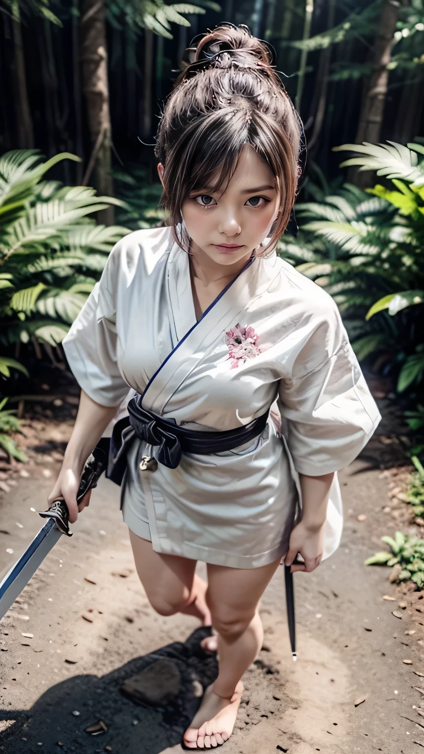 (was:1.3、((A female ninja standing in a fighting position with a weapon in the forest:1.5)、With background)、(Female ninja with a sword:1.5))、(Realistic、Like a photograph、Live Action、8k, Realistic, RAW Photos, Best image quality: 1.4), Single-lens reflex camera、RAW Photos, Highest quality, Realistic, Highly detailed CG Unity 8k wallpaper, Written boundary depth, Cinematic Light, Lens flare, Ray Tracing, Realistic background、(kunoichi:1.4、White floral kimono:1.5、p-line:1.3)、Grey Hair、short hair、Short Ponytail、((Ultra-Dense Skin))、 1 girl,Cute Kunoichi、(whole body:1.5)、I like that style、Pay attention to the details、Perfect outfit、(White skin)、Accurate Arm、Accurate feet、Beautiful legs、Precise thighs、Anatomically correct body、View from above