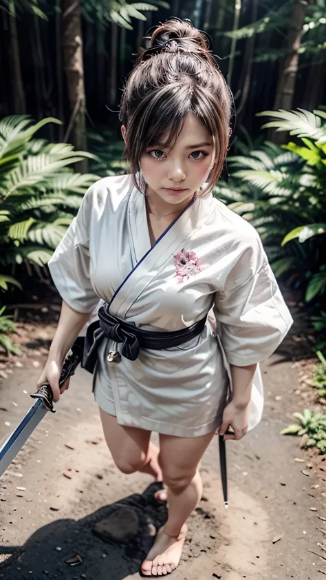 (was:1.3、((a female ninja standing in a fighting position with a weapon in the forest:1.5)、with background)、(female ninja with a...