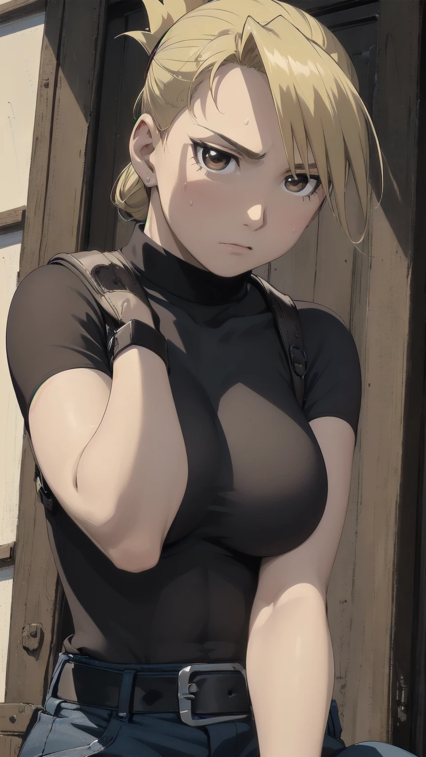 masterpiece, highest quality, High resolution, One Girl, Hamriz, ponytail, Brown eyes,big , Black Shirt, Tight shirt, holster, Short sleeve, belt, Covered navel, Blue pants,indoor、Upper body close-up、Muscular body、blush、Sweat、Composition from the front、anime、(((Close-up of a person、Facing forward)))