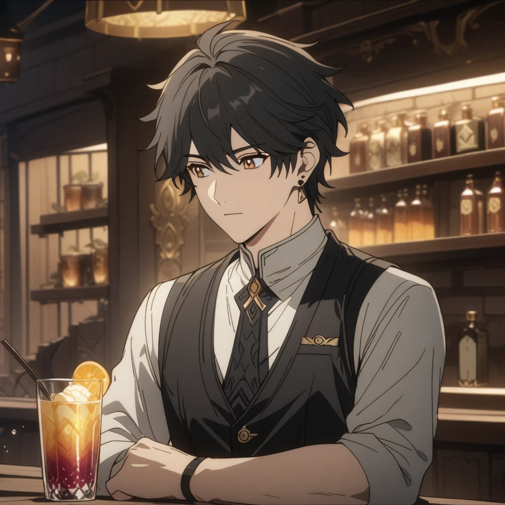 rover from wuthering waves, 1boy, examining fantasy drink, black hair, flat hair, souma shiki hair, gold eyes, handsome face, black waistcoat, waistcoat, folded sleeves, bar background, upper body, decorative, masterpiece, high quality, hd, 4k, upper body, genshin artstyle, black earings