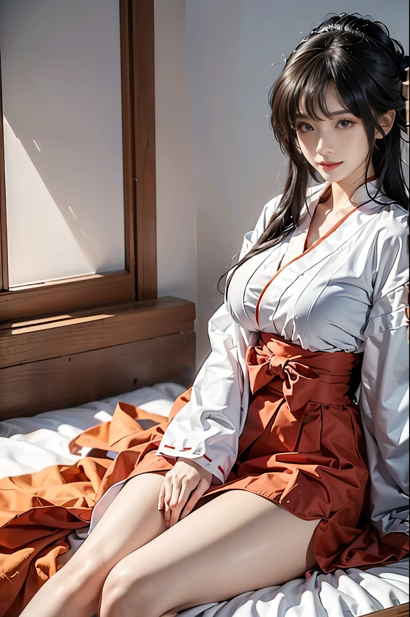 Kikyo,miko,
kimono, red hakama,
wide sleeves, long sleeves, ribbon-trimmed sleeves, (best quality, masterpiece:1.2), tianfeng1, Extremely detailed, (Practical:1.37), beautiful, youth, Glamorous model, Warm colors, ((A full body perspective，Naturally bent knees，Skin is firm and smooth)), ((In the old-fashioned room，Sitting on a low bed，Lean back，Support your body with your elbows)), ((Elegant and natural posture)), (big eyes, Delicate eyes, Delicate lips, Delicate eyes), Available in white with floral pattern, Show a bright smile, fit, Full breasts, ((Big breasts)), Long legs, Create a stunning picture of a girl enjoying her sleep