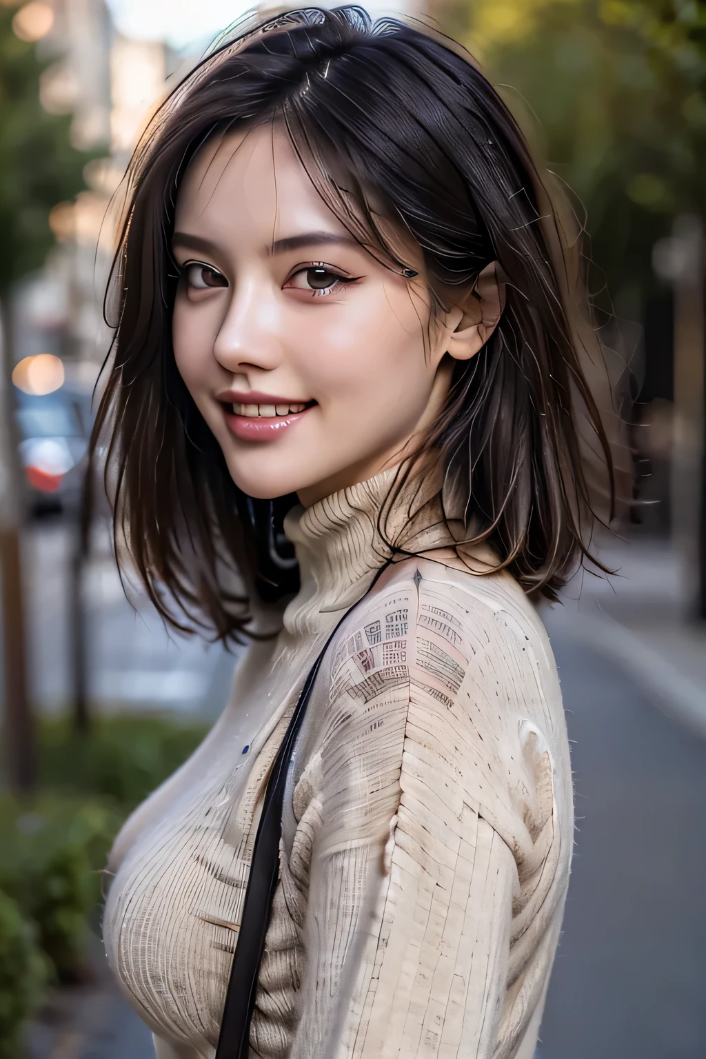 (8k, RAW Photos, Highest quality, masterpiece, Realistic, Realistic), (1 female), (Ultimate beauty), Highly detailed face, Detailed eyes, Double eyelash, eyelash, smile, (Perfect Teeth), Lip details, Brunette Bob, Big Breasts, (Long turtleneck sweater), ((Brown mini skirt)), Cowboy Shot, background: garden, Soft Light, ((Written boundary depth)) 