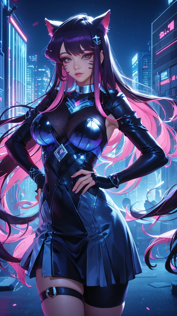 komi shouko, (komi shouko wearing a k/da all out ahri cosplay), ahri \(league of legends\), league of legends, 1girl, k/da (league of legends), animal ears, solo, fox ears, long hair, purple hair, hand on hip, purple eyes, idol, facial mark, looking at viewer, gloves, pink hair, fingerless gloves, whisker markings, large breasts, makeup, lips, skirt, hair ornament, perfect lighting, near a well-detailed black car, on a track in a large city at night (night scene:1.2), HDR, ultra resolution , very detailed, masterpiece, ultra quality, 4K HD