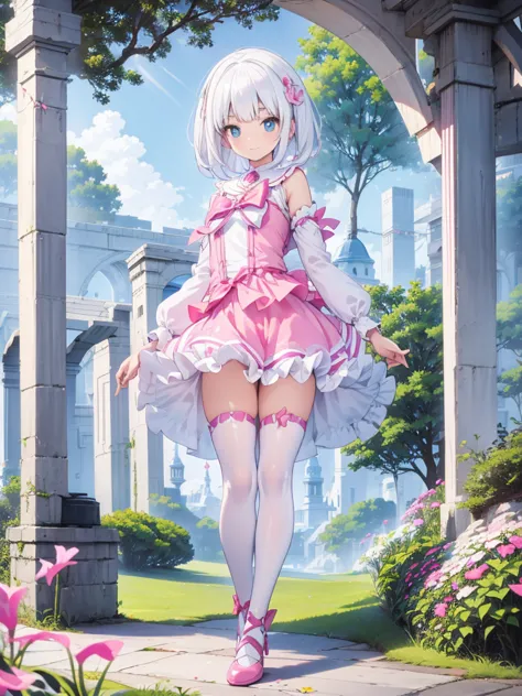 best quality. 4k. 8k. 1girl. a cute girl. white hair. medium hair. magical girl. pink clothes. latex. (looking at viewer). stand...