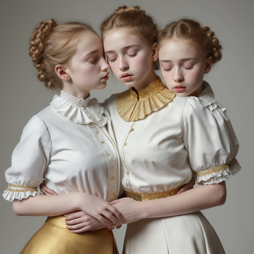 2girls from side, 18 years old, Europeans hugs, embrace, blond boy's haircut, massive puffy breast, open wide mouth, closed eyes, simple victorian blouse, grey and gold theme, white ruffle and detail collar lace, thin waist, intricate details, porcelain skin, beautiful eyes, detailed lips, high quality, realistic, photorealistic, 8k, masterpiece, ultra-detailed, physically-based rendering, vivid colors, studio lighting, sharp focus , a prominent (wide hips:1.3)