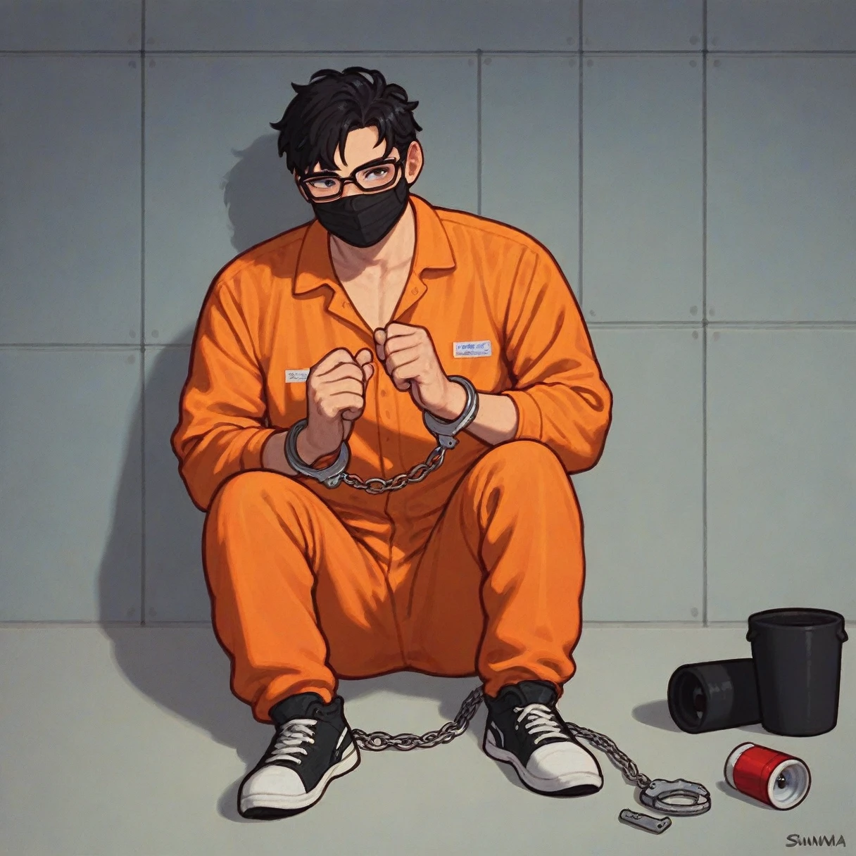 score_9, score_8_up, score_7_up, score_6_up, score_5_up, score_4_up, inmate, male focus, solo, orange jumpsuit, handcuffs, asian, black hair, glasses, black mask, sunna (nilsunna) 