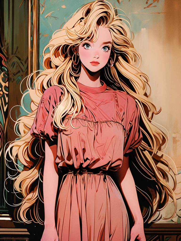 a picture of a woman standing with long blond hair posing over her shoulder, 1girl, long hair, solo, realistic, dress, brown hair