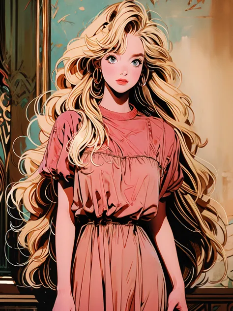 a picture of a woman standing with long blond hair posing over her shoulder, 1girl, long hair, solo, realistic, dress, brown hai...