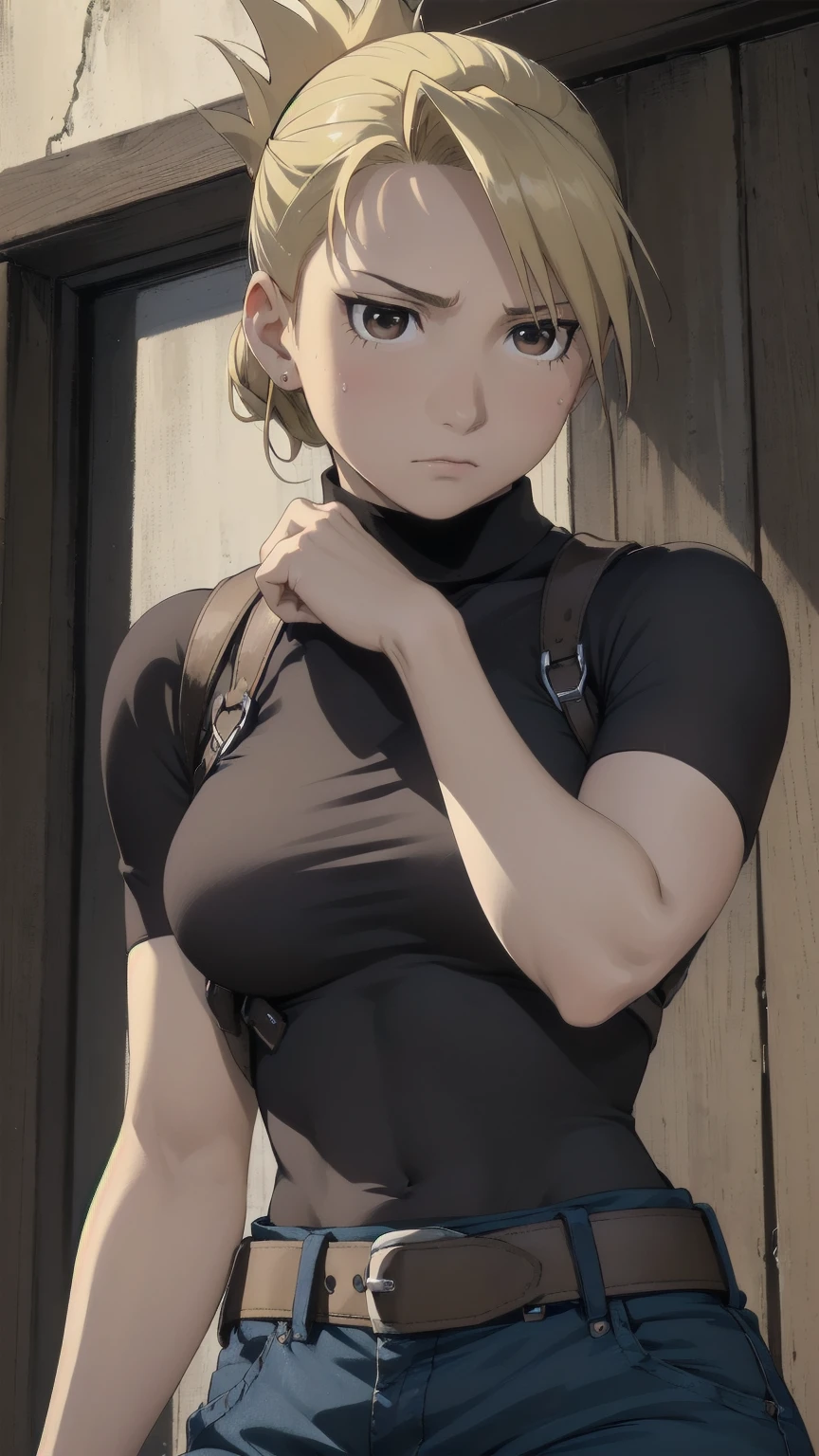 masterpiece, highest quality, High resolution, One Girl, Hamriz, ponytail, Brown eyes,big , Black Shirt, Tight shirt, holster, Short sleeve, belt, Covered navel, Blue pants,indoor、Upper body close-up、Muscular body、blush、Sweat、Composition from the front、anime、(((Close-up of a person、Facing forward)))