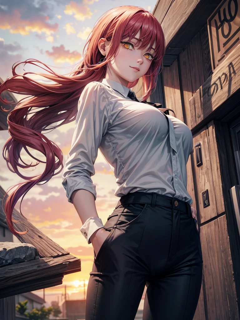 8k, raw photo, masterpiece, extremely detailed, best quality, professional lighting, high res, beautiful and adorable girl, sfw, BREAK makima, yellow eyes, spiral in eyes, lower eyelashes, dark circles under the eyes, relaxed smile, emotionless, cold smile, mysterious girl, BREAK (long black tie, white shirt, black pants), (looking down viewer, from below, close up model), sunset, dark clouds, outdoor, on street, ชุดรัดรูป, โชว์กางเกงใน, กางเกงในสีขาว, camel toe,