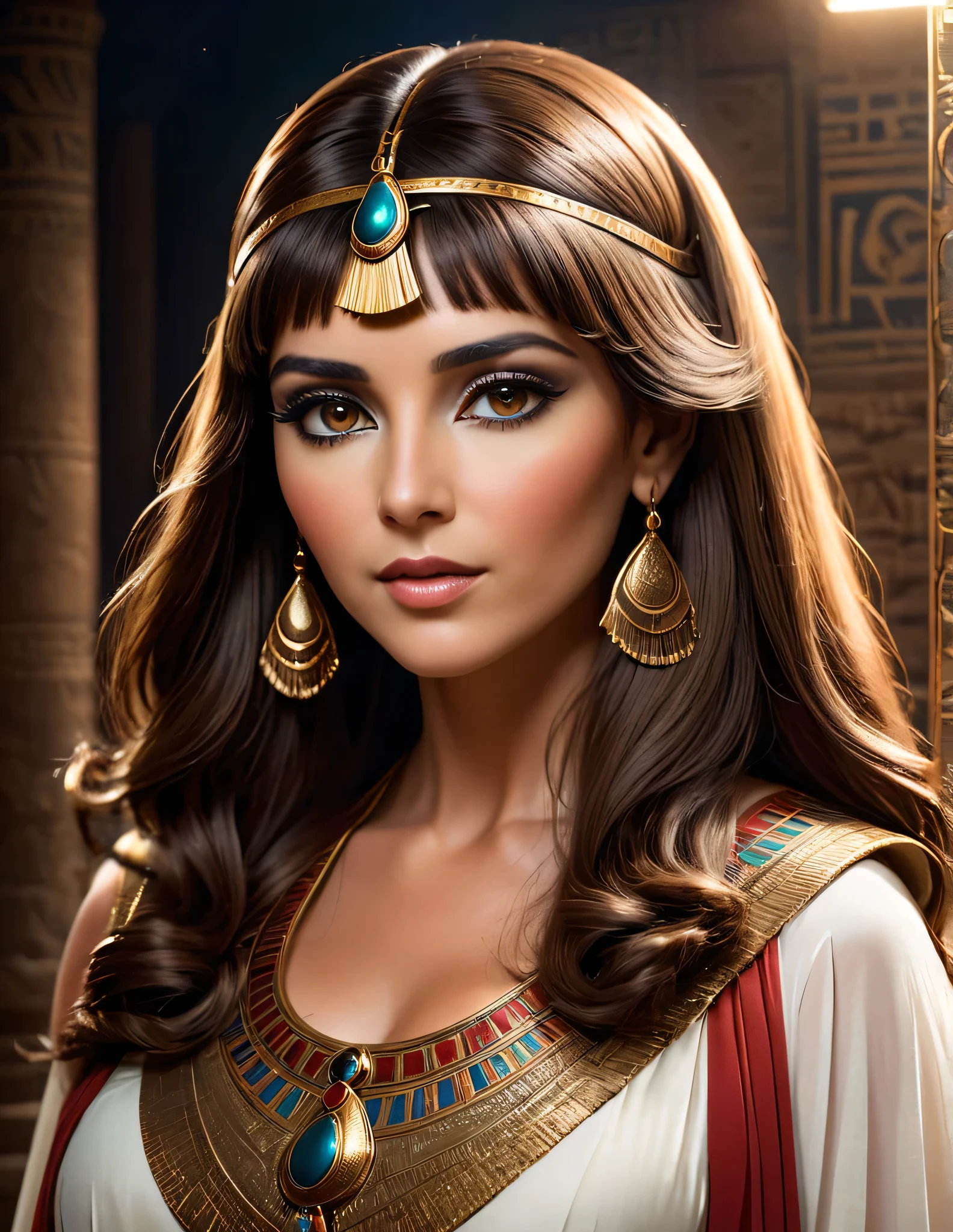 Cleopatra in her office and her long light brown hair , 35 years of experience. His sharp focus and intense gaze forward seem to pierce the darkness of ancient Egypt., Revealing Hidden Truths and Mysteries. The intricate details of their traditional red and brown robes are reproduced in stunning detail., while cinematic lighting adds a touch of drama to the scene. This supernatural image, captured in 8k resolution, will leave you amazed by its beauty and depth elle a un maternelle 