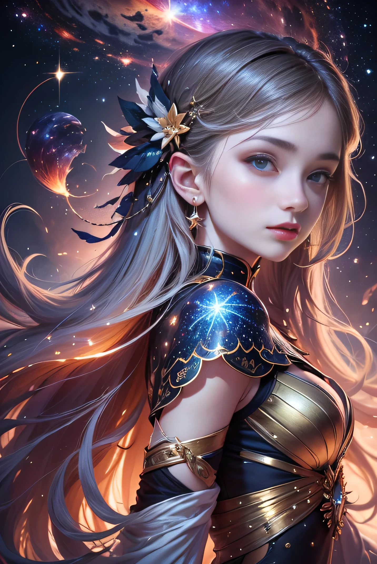 (Highest quality,masterpiece:1.2),Beautiful portrait of an 18-year-old noble girl、Star Goddess, She has a heavenly glow, Skin decorated with constellations. eye, Shining like a distant galaxy, Embrace the wonders of space、 Wisps of stardust fall around her, Traces of cosmic light remain. With every beat of the universe, She is a traveller in the vast world of space.々Guide to, Lighting the way to the sky、(masterpiece, Highest quality, Highest quality, Official Art, Beautiful and aesthetic:1.2), (1 Girl), Very detailed,(Fractal Art:1.3),
colorful,Most detailed