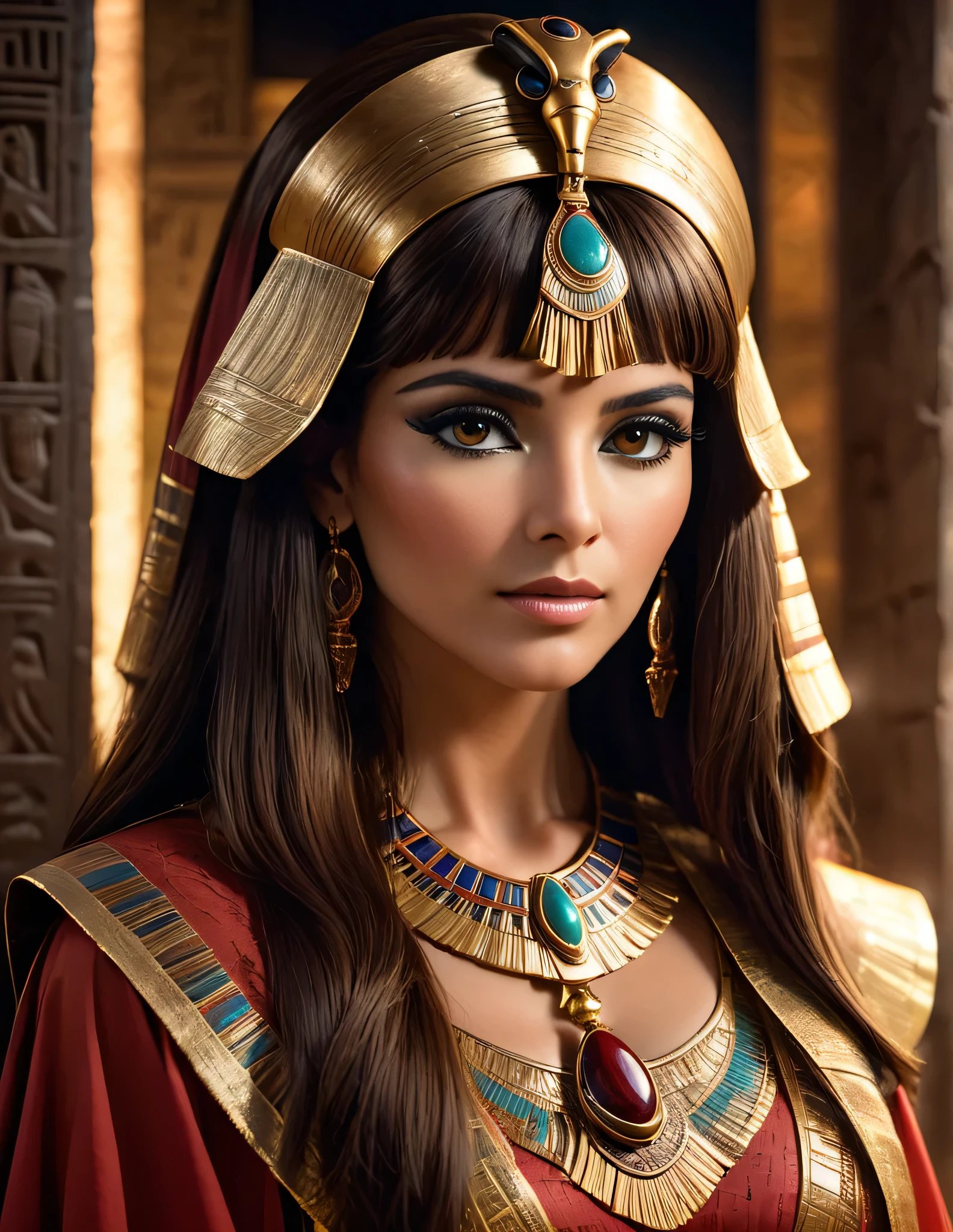 Cleopatra in her office and her long light brown hair , 35 years of experience. His sharp focus and intense gaze forward seem to pierce the darkness of ancient Egypt., Revealing Hidden Truths and Mysteries. The intricate details of their traditional red and brown robes are reproduced in stunning detail., while cinematic lighting adds a touch of drama to the scene. This supernatural image, captured in 8k resolution, will leave you amazed by its beauty and depth elle a un maternelle 