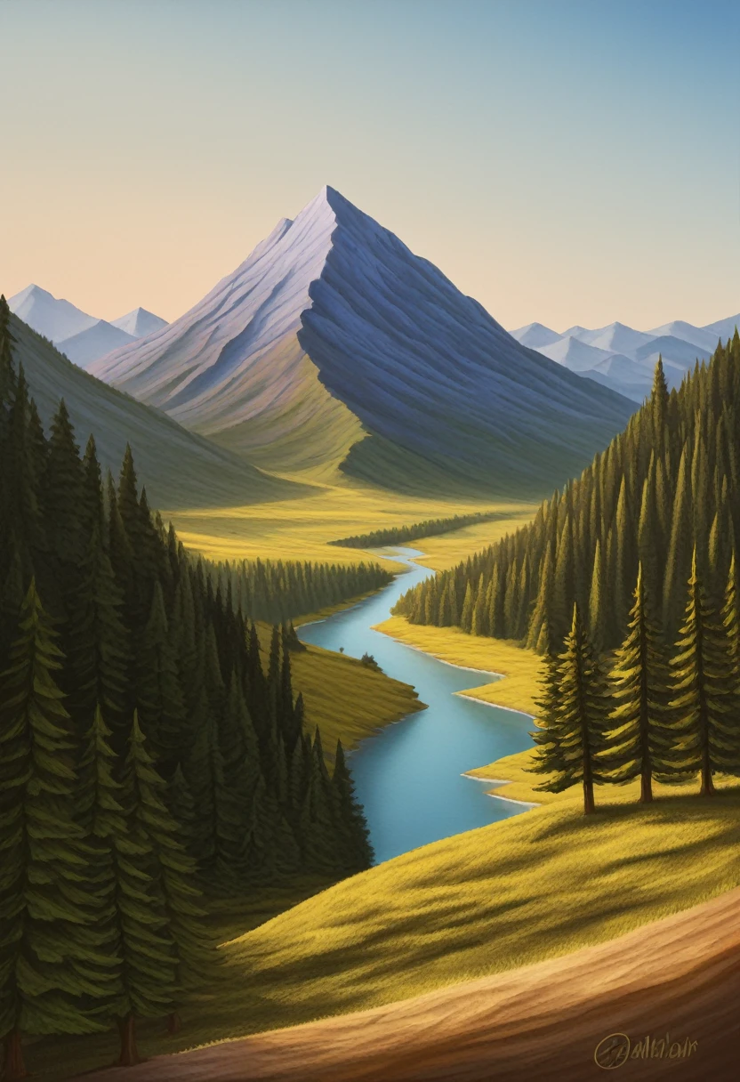 impressive painting of a mountain with trees and water, a detailed painting by Petros Afshar, shutterstock contest winner, environmental art, detailed painting, outlined art, 2d game art, isolated background for logo, strong contours, logo design
