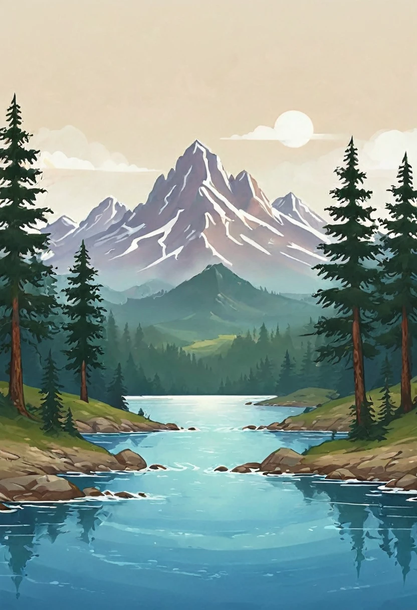 impressive painting of a mountain with trees and water, a detailed painting by Petros Afshar, shutterstock contest winner, environmental art, detailed painting, outlined art, 2d game art, isolated background for logo, strong contours, logo design
